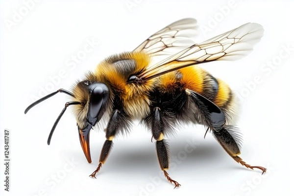 Fototapeta Bumblebee Standing on White Background Showing Its Delicate Wings and Fur