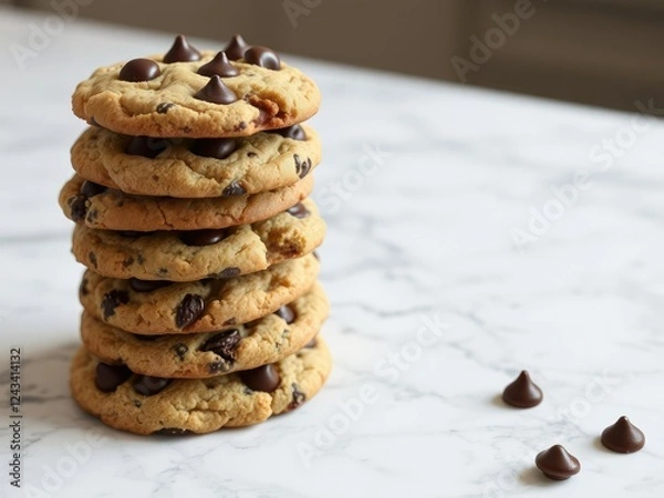 Fototapeta Stack of freshly baked chocolate chip cookies with melted chocolate chunk tops on a marble countertop, melted chocolate, countertop, marble