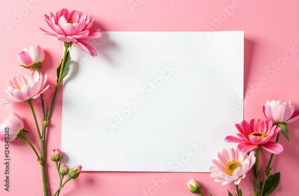 Fototapeta Postcard copyspace for text pink background with flowers March 8. AI Generative