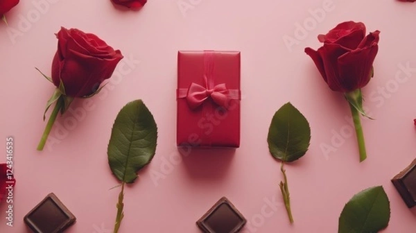 Fototapeta A Luxurious Dark Chocolate Bar, Adorned with an Array of Heart-Shaped Chocolates, Elegantly Placed Amidst a Romantic Setting of Crimson Roses and Delicate Greenery, Evoking a Sense of Affection and In