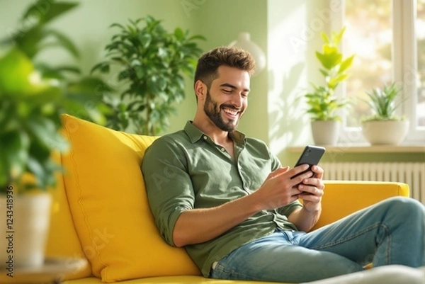 Fototapeta Happy man in green shirt sitting on yellow couch using smartphone, surrounded by green plants in a bright room. Relaxation and digital communication concept. Ai generative