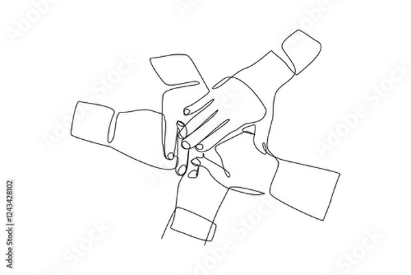 Obraz Continuous single line of hands rise and fits bump together to show teamwork support business concept and love care people. Sketch drawing editable stroke vector illustration