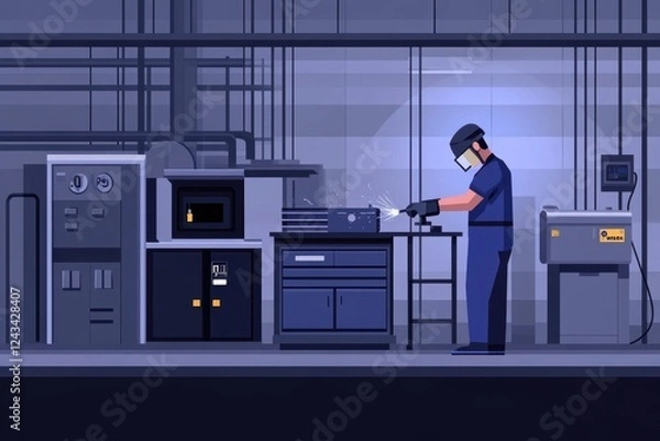Fototapeta Industrial Worker Performing Metal Welding in Modern Workshop