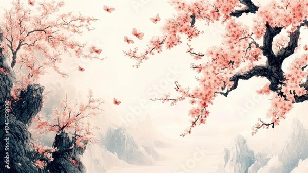Fototapeta Pastel Pink Cherry Blossoms and Mountain Landscape Painting