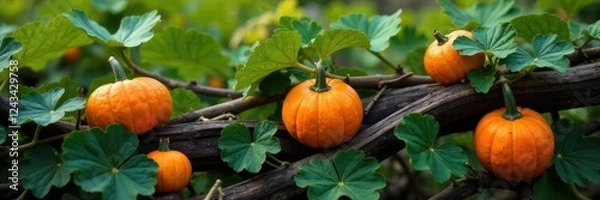 Fototapeta Pumpkin vines entwined with twigs and branches, farm, twigs