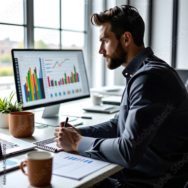 Fototapeta A male employee is analyzing charts in the office. I am writing something with a ballpoint pen.