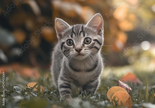 Fototapeta Cute tabby kitten exploring a garden filled with autumn leaves, showcasing innocence and playfulness in a serene natural environment