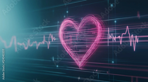 Fototapeta Abstract glowing heart with digital heartbeat line on a dark futuristic background