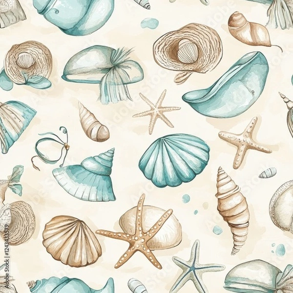 Fototapeta Watercolor doodle of seashells, starfish, and marine elements on a soft background for a calming coastal vibe