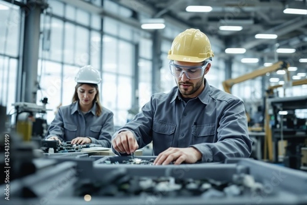 Fototapeta Workers in protective gear assembling electronics in a factory, industrial setting with blurred background. Concept of manufacturing and technology. Ai generative
