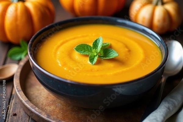 Fototapeta Silky smooth pumpkin soup, vibrant orange hue in rustic bowl, wooden bowl, hearty