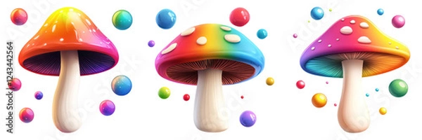 Fototapeta Colorful mushrooms with glowing caps and bubbles create whimsical scene