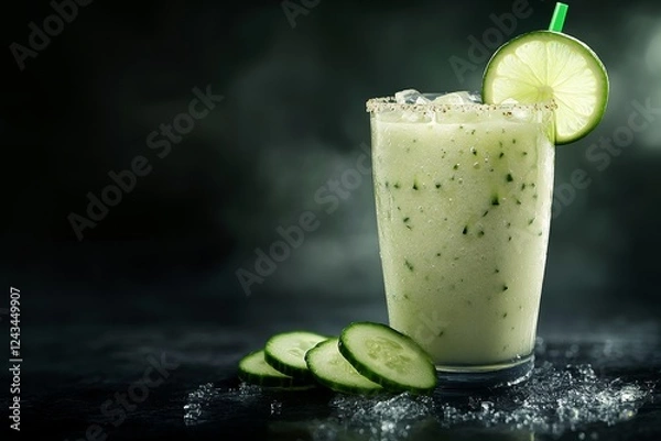 Fototapeta Refreshing cucumber lime smoothie, dark background, summer drink