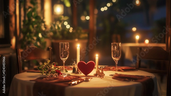 Fototapeta Candlelit table for two with a romantic heart-shaped centerpiece in the center-4