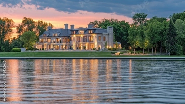 Fototapeta Evening view of a lakefront property with warm glowing lights and a serene reflection on the water