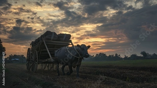 Fototapeta A buffalo pulls a wooden cart loaded with sacks along a dirt path at sunset, with dramatic clouds and a rural landscape in the background.