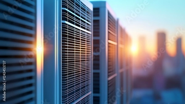 Fototapeta A close-up of modern air conditioning units showcasing sleek design and advanced technology. The image captures the essence of innovation in climate control solutions at sunset.