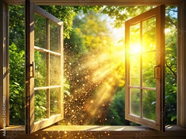Fototapeta Golden Sunlight Streaming Through Window, Lush Greenery View
