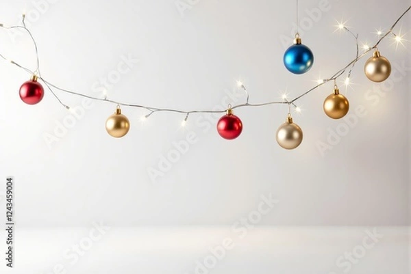 Fototapeta Festive Christmas ornaments in red, gold, and blue hanging from fairy lights on a white background. Holiday decoration concept with a creative touch. Ai generative