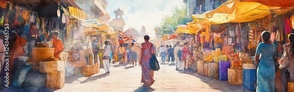 Fototapeta Vibrant market street bustling with shoppers exploring colorful stalls on a sunny day