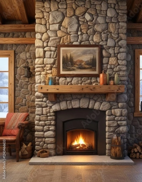 Fototapeta Stone fireplace with a large wooden cabin door as a background, rustic, warm