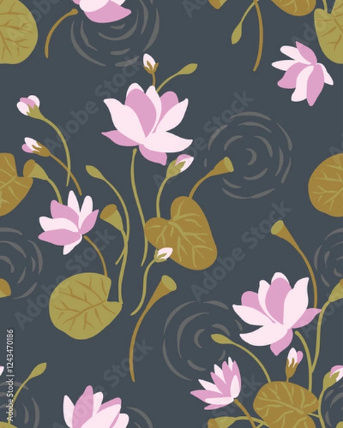 Fototapeta Elegant pink and white lotus flower pattern with green leaves on a dark gray background with water ripples. This design is suitable for various purposes, textile design, or home decoration