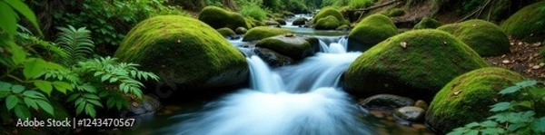 Fototapeta Water flows through moss-covered rocks and ferns, rocks, water