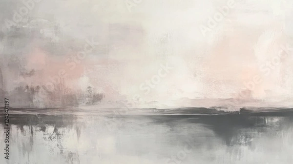 Fototapeta Soft gray and pink mist gradually dissolving into a tranquil landscape at dusk
