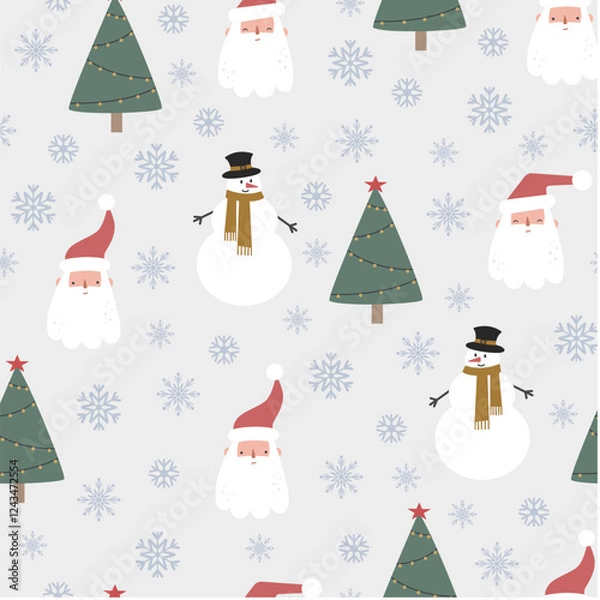 Fototapeta Christmas seamless pattern with Santa Claus, snowman and Christmas tree on a white background. Vector design template. Happy New Year pattern. Season greeting.