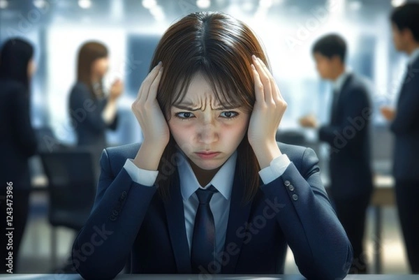 Fototapeta 社内のストレスで頭を抱える日本人の女性会社員（パワハラ・セクハラ・ハラスメント・鬱・いじめ・限界）