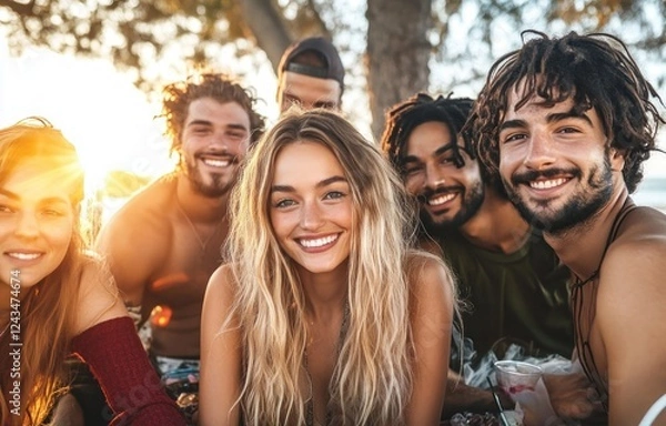 Fototapeta Multiracial friends enjoying outdoor gathering in bohemian style taking selfie during golden hour in urban park