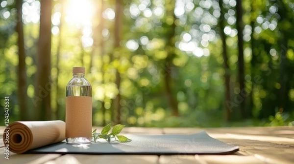 Fototapeta A serene outdoor scene featuring a yoga mat, a water bottle, and greenery, illuminated by soft sunlight filtering through trees.
