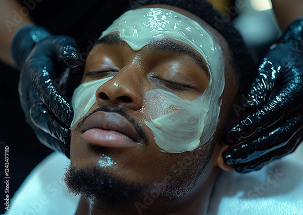 Obraz A black man is receiving a facial treatment in a spa salon
