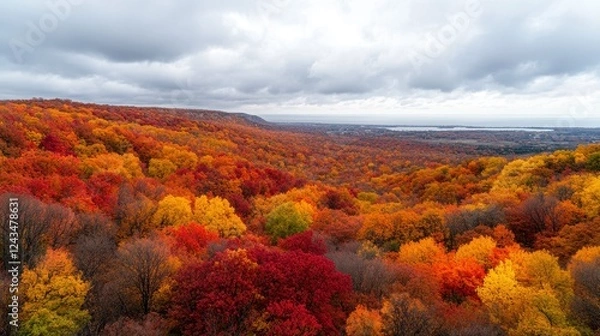 Fototapeta Aerial View Of Vibrant Autumn Forest Under Cloudy Sky