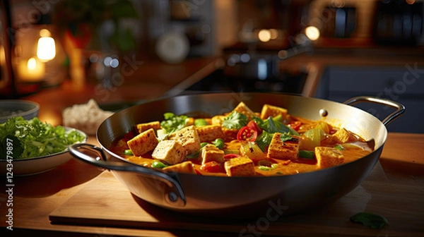 Obraz Warm and inviting tofu and vegetable curry in rustic kitchen setting