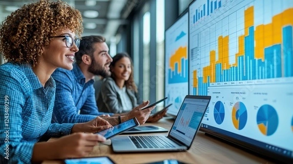 Fototapeta Business team from diverse backgrounds analyzing financial and marketing reports with charts and graphs in a boardroom, working with laptops and digital tablets on the table.