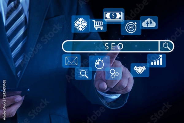 Fototapeta Businessman's fingers touching search bar SEO. Search engine optimisation digital marketing business technology concept.