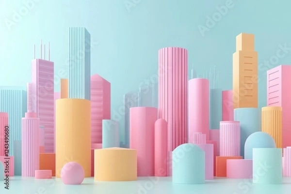 Obraz A colorful cityscape made of geometric shapes in pastel hues, showcasing modern architecture against a soft blue background.