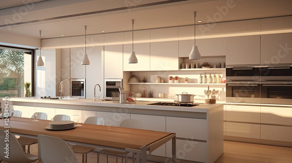 Obraz Bright Modern Kitchen with Sunlight Streaming Through Large Window