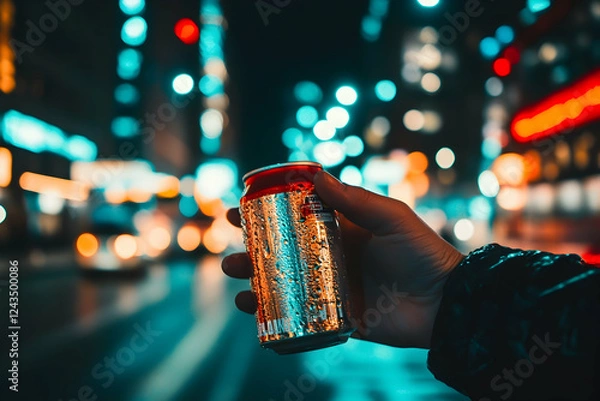 Fototapeta Hand holding a soft drink can on a lively city street illuminated by night lights
