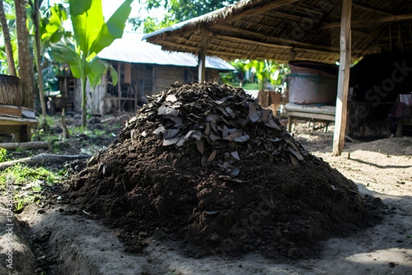 Fototapeta Heap of natural compost material in a rural farmyard setting