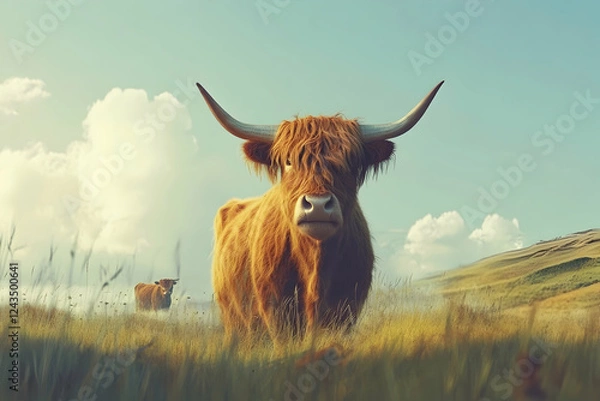 Fototapeta Highland cow with prominent horns standing in a serene landscape