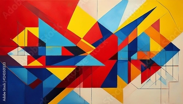 Fototapeta abstract mixed media piece where overlapping geometric shapes in bold colors like red blue and yellow create an energetic design