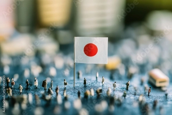 Obraz 日本国旗とミニチュアの人々の小さな世界（JAPAN・愛国心・経済・グローバル・日本社会・共同体）