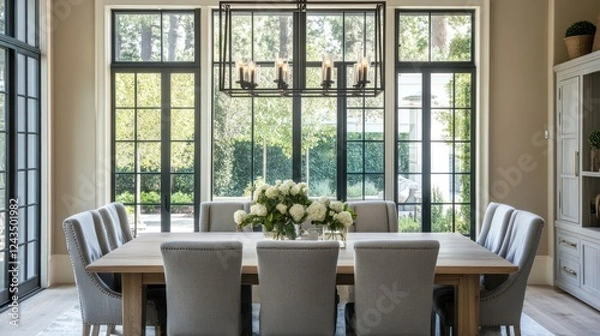 Fototapeta Modern farmhouse dining room with large windows overlooking a backyard.