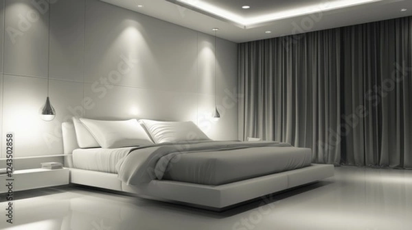 Fototapeta Sleek modern bedroom featuring a unique floating nightstand and ambient lighting