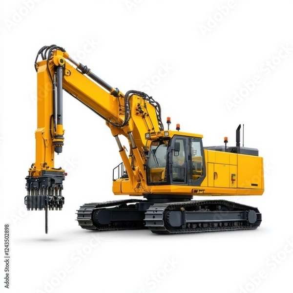 Fototapeta Heavy-duty yellow excavator with hydraulic arm and drill attachment on a construction site ready for use