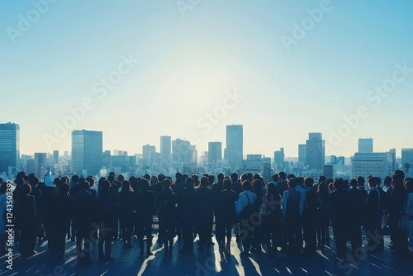 Obraz 日本の東京の展望と人々のシルエット（ビジネス・ビル群・希望・都会・未来・スタート・目標）