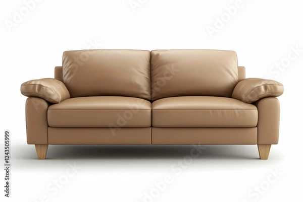 Fototapeta Photorealistic image of a sleek, three-seater leather sofa with wooden legs in light brown tones against an isolated white background