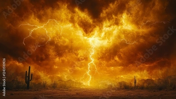 Fototapeta Fiery Desert Storm With Lightning And Silhouetted Cacti